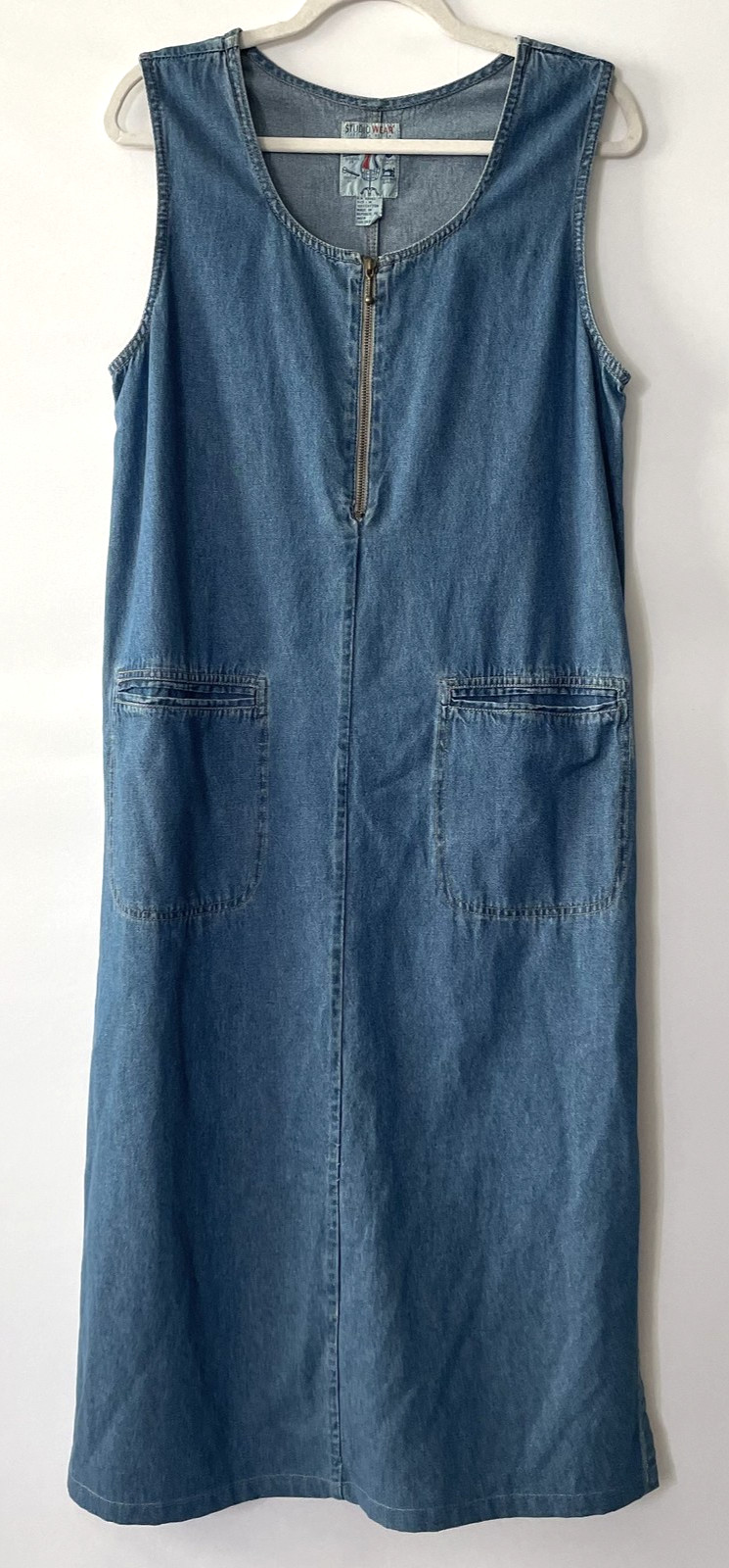 Vintage Studio Wear Denim Sleeveless Zip Front Midi Dress Blue Women\'s Sz M-mpv