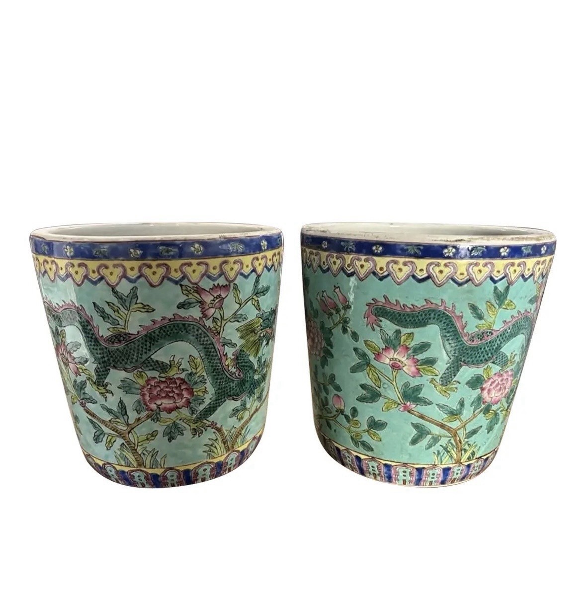 PAIR Of Chinese Export Heavily Enameled Turquoise Cachepots Planters Pots PAIR Of Chinese Export Heavily Enameled Turquoise Cachepots Planters Pots