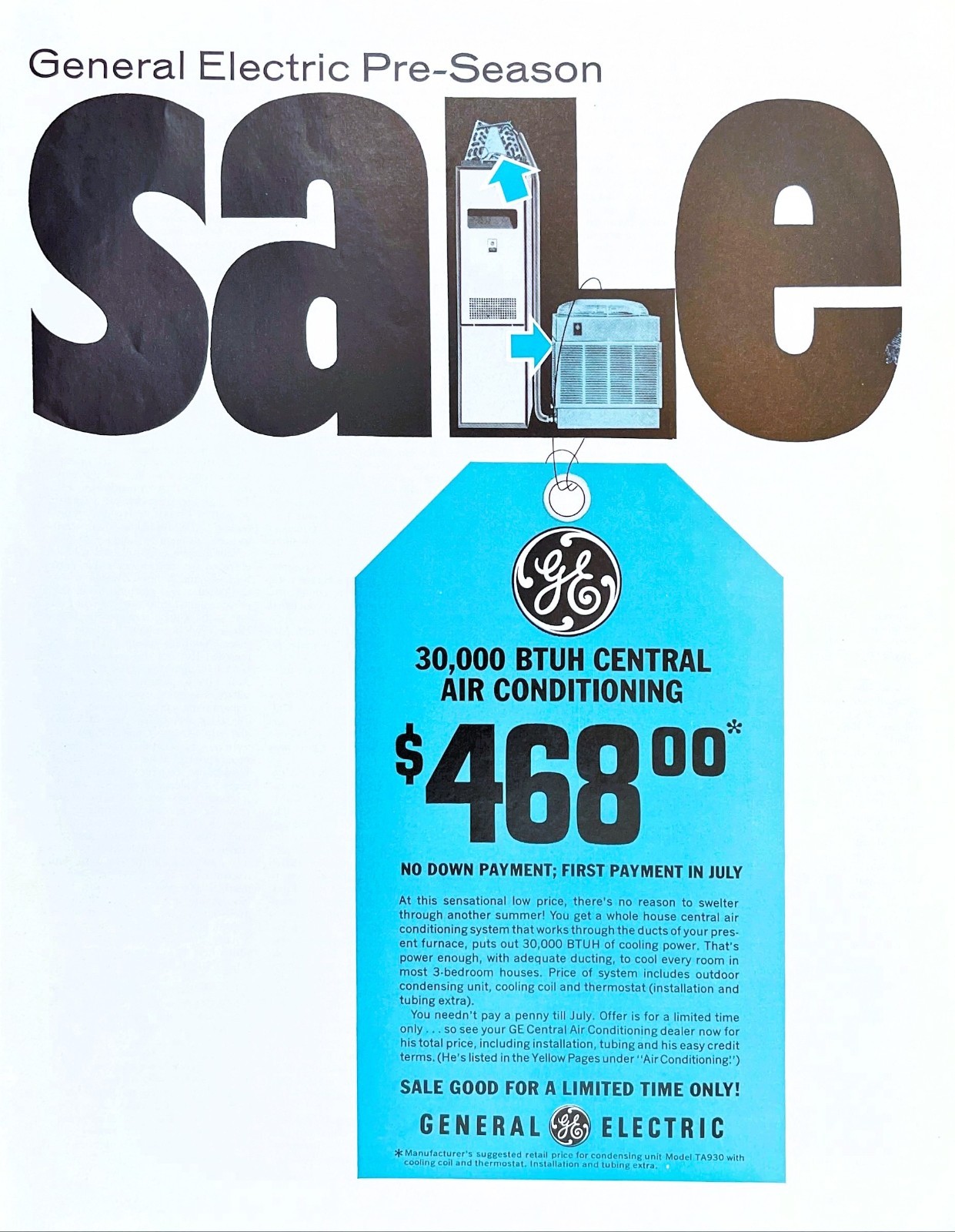 GE General Electric Central Air Conditioning 30,000 BTUH Vtg Magazine Print Ad