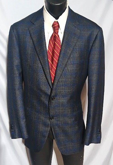 Canali Kei  1934 Sport Coat Blue Wndowpane 52% Silk 48R Dual Vents Surgeon Cuffs