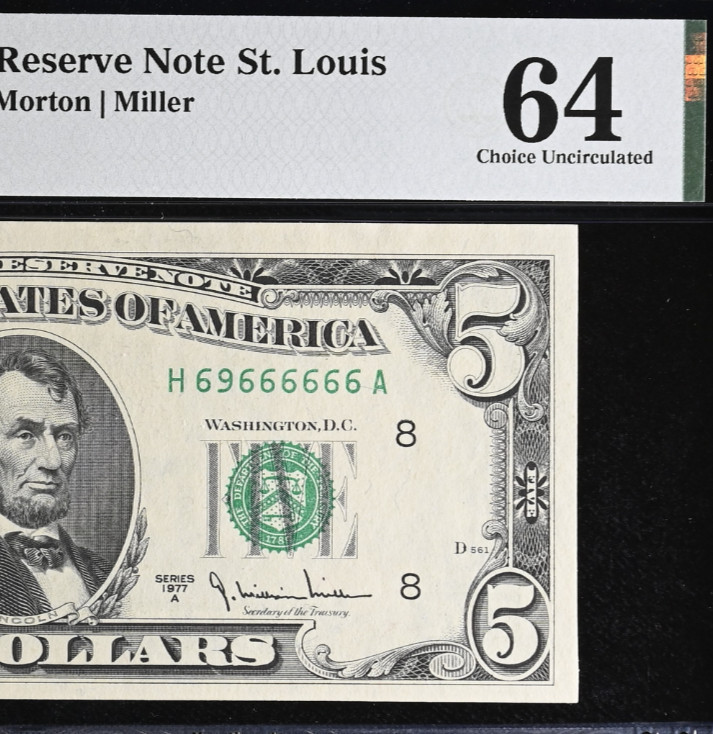 1977A $5 Federal Reserve Note PMG 64 Seven of a Kind Flipper Serial 69666666