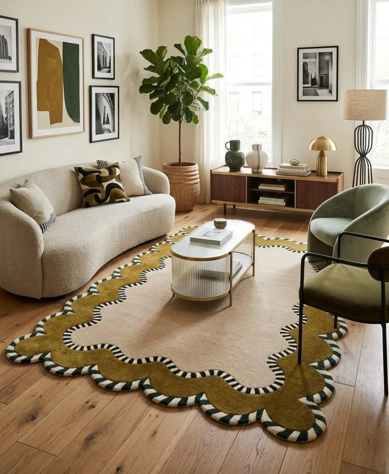 Hand-Tufted Wool Rug: Olive Green Beige Wavy Scalloped Border Area Carpet 8x10 Hand-Tufted Wool Rug: Olive Green Beige Wavy Scalloped Border Area Carpet 8x10
