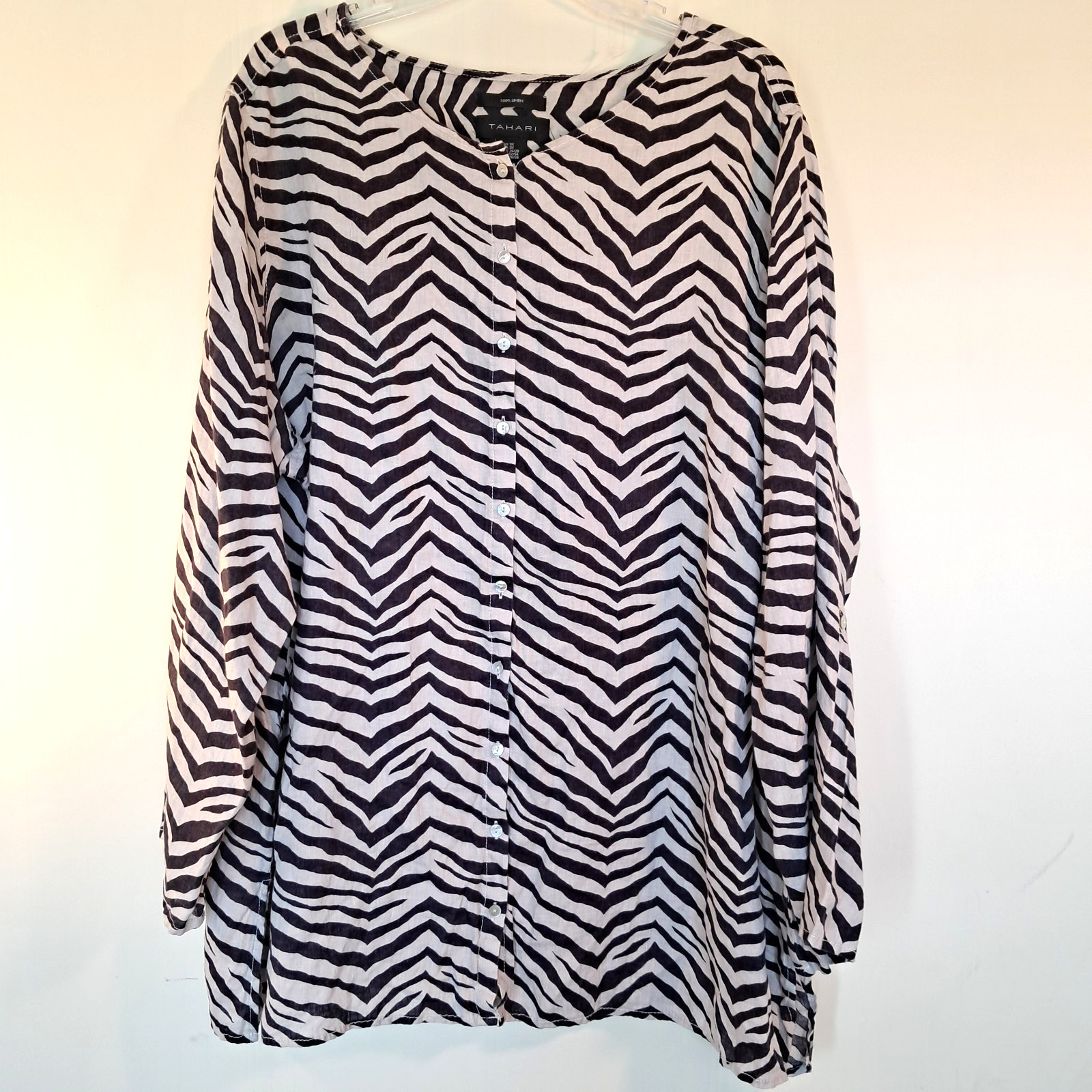 Tahari 100% Linen Zebra Stripe Top Size Women\'s 3X Animal Print Button Up 