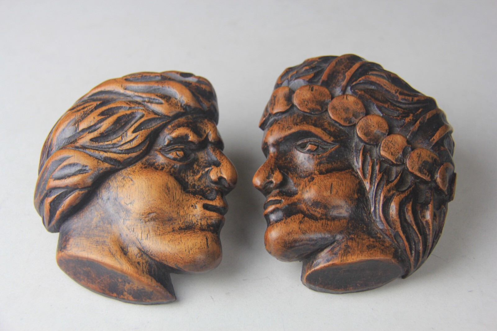Pair of Antique French Wood Carved Heads Ornamental Pieces