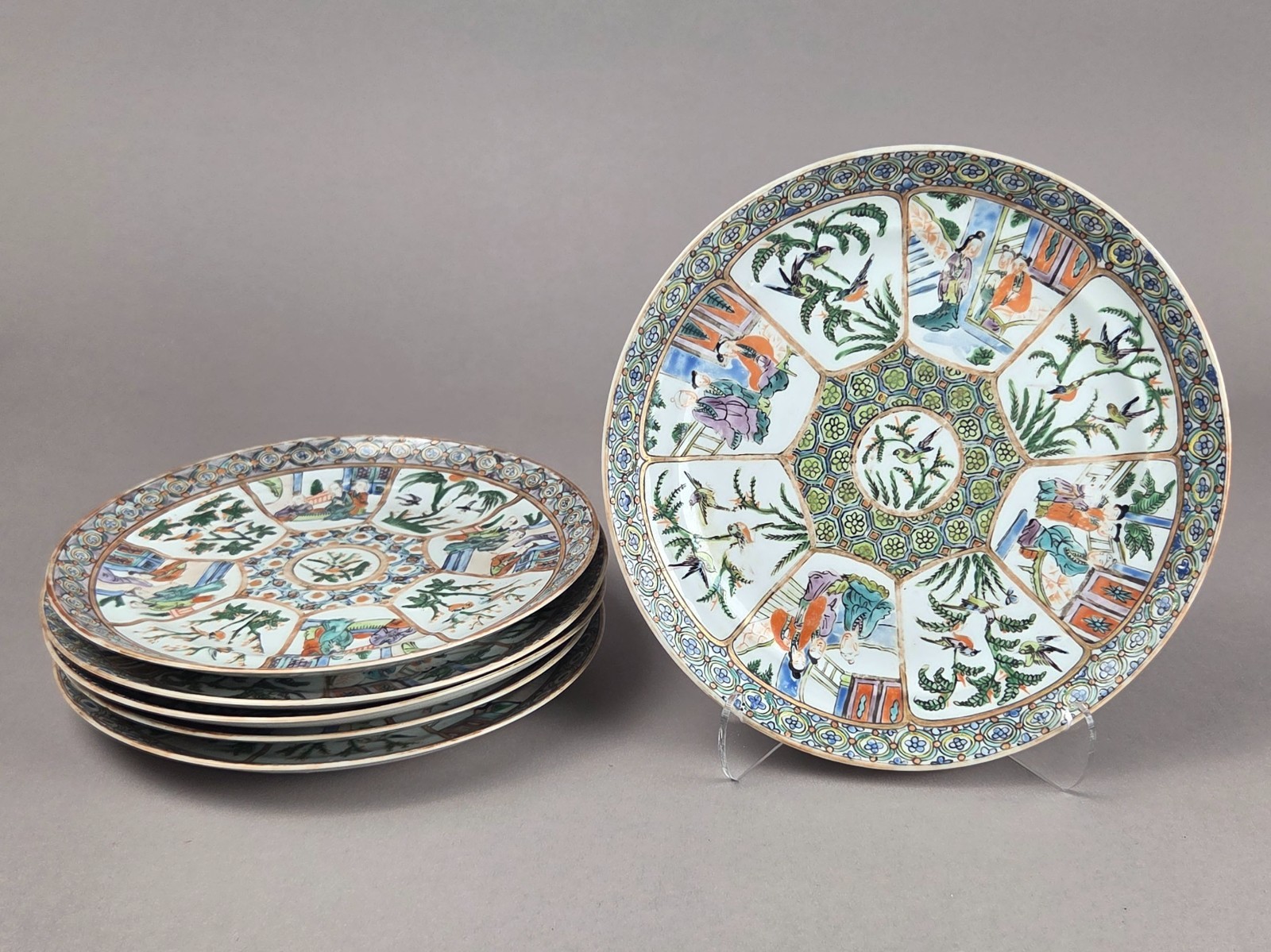 Antique Famille Verte Chinese Plate Set of Six (6) Circa 19th c