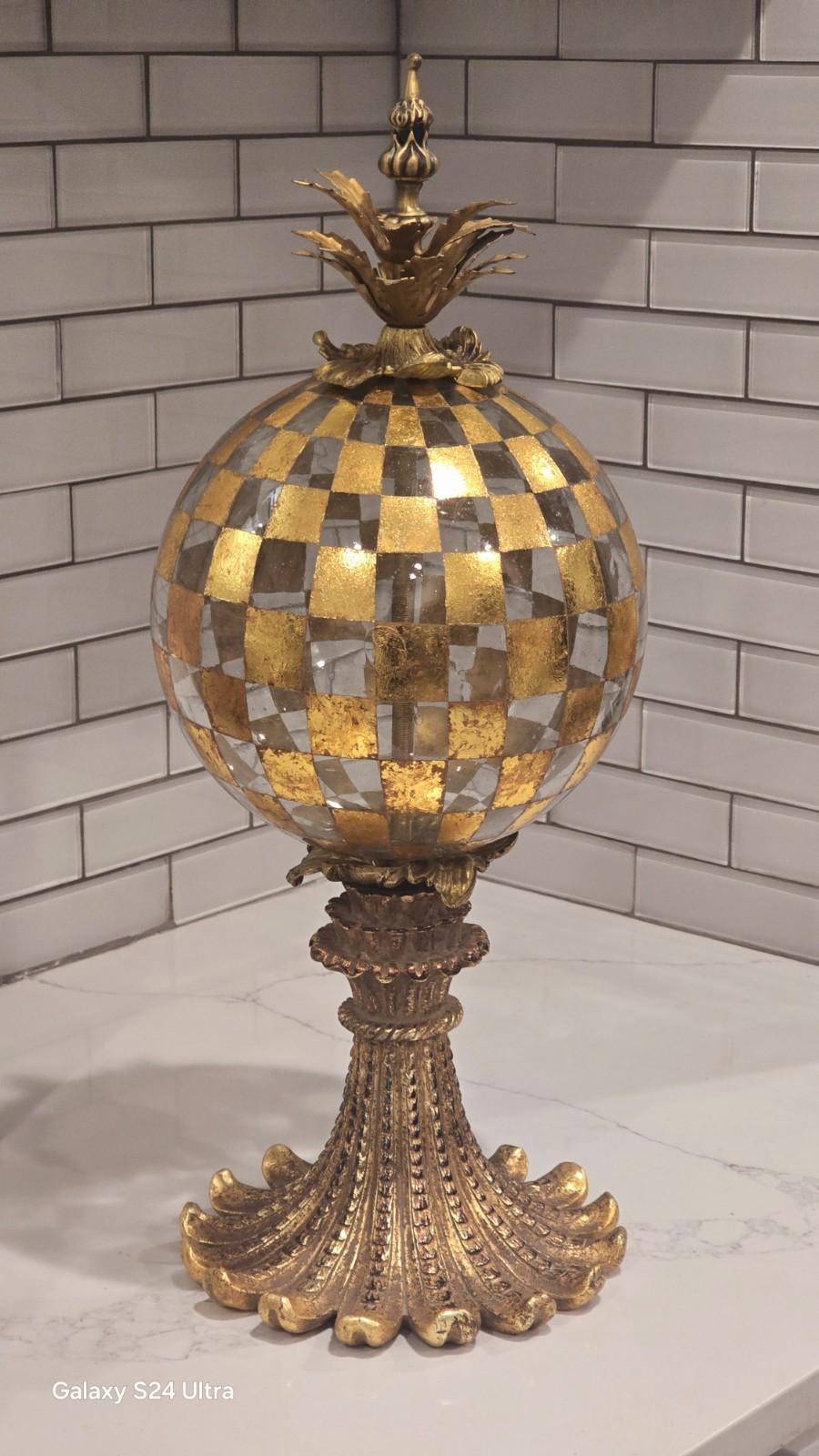 Vintage JOHN RICHARD HOLLYWOOD REGENCY  Glass Gold Checkered Orb sculpture