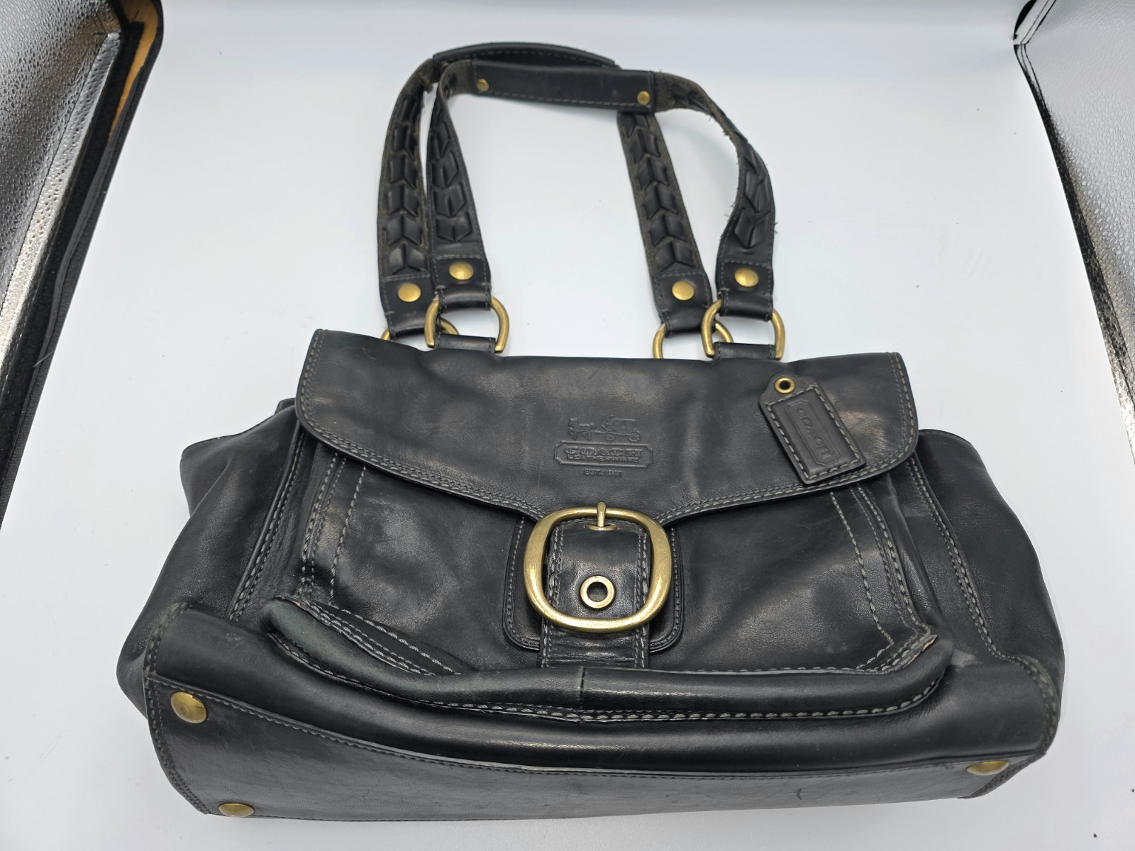 Coach Bleecker 11420 Black Leather Tattersall Shopper Handbag Brass Vintage