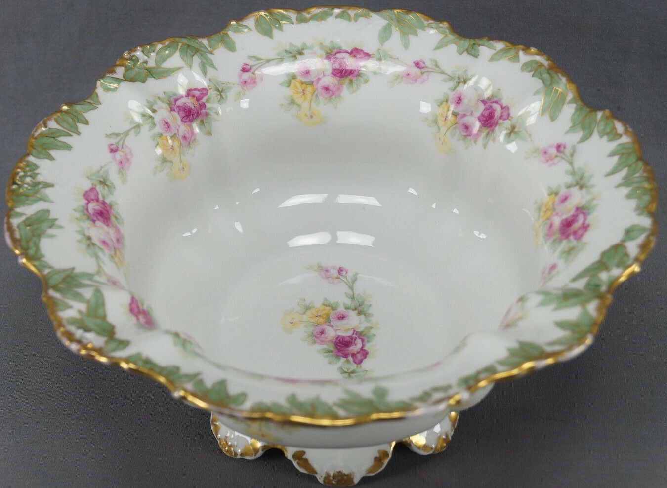 Elite Works Limoges Pink Rose Yellow Flower Green Leaf & Gold Bowl C. 1900-1914