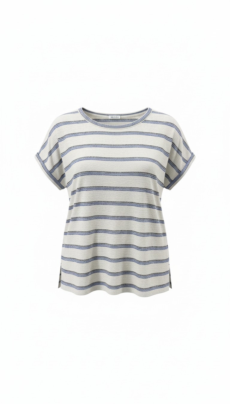Bobeau Women\'s 1X Striped Top White Blue Hi-Low Hem Side Slits Casual