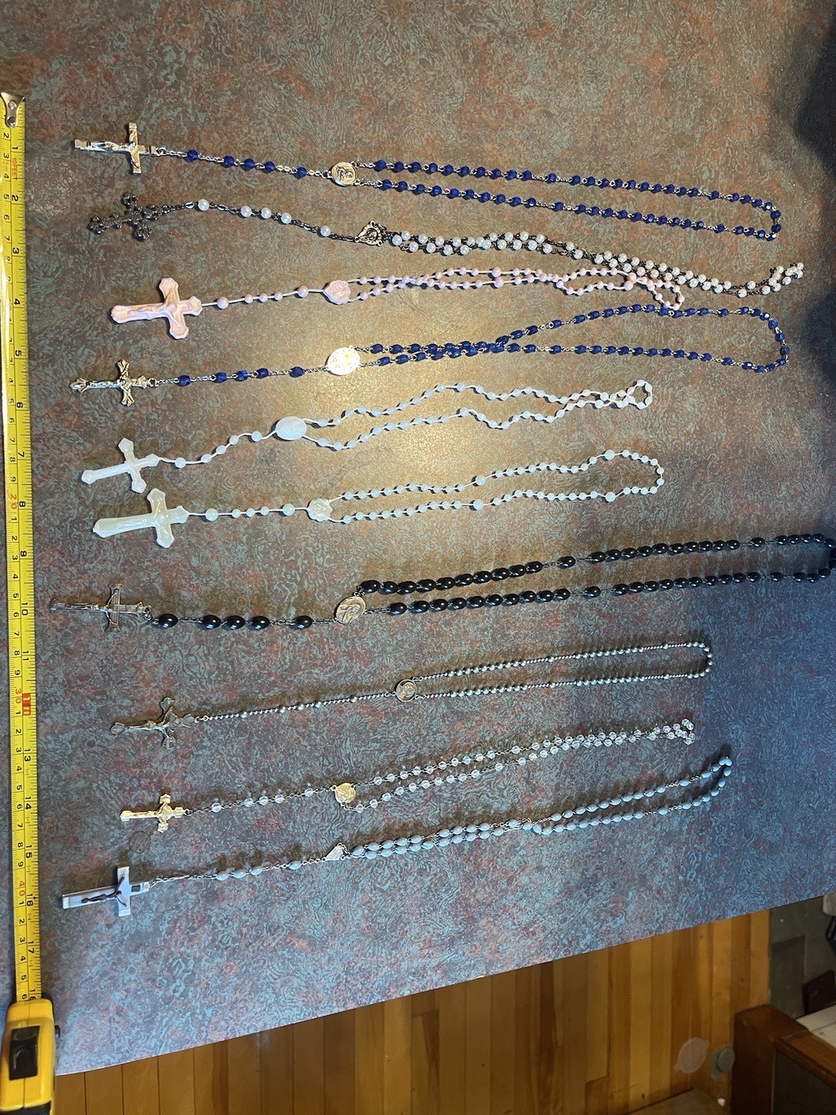 10 Vintage Catholic Rosary Black Oval Beads Crowned Mary Crucifix Jesus Prayer