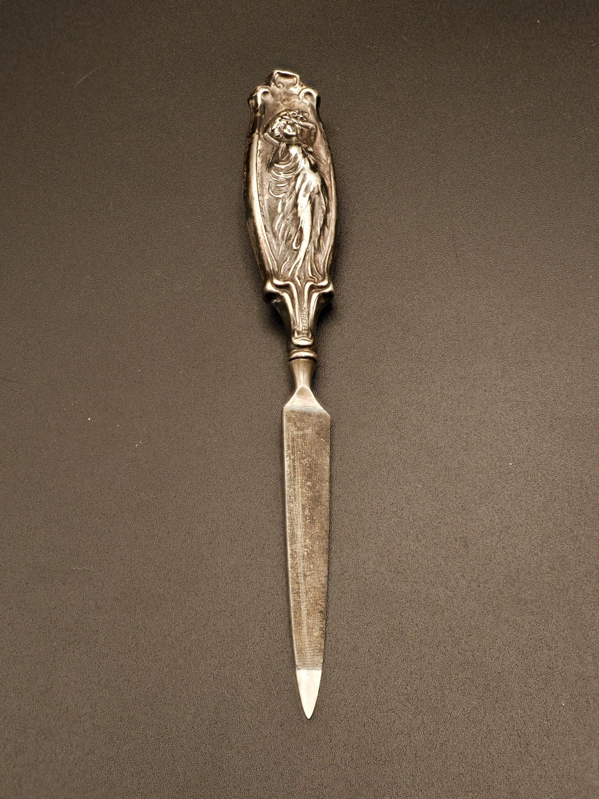 Antique Sterling Silver Art Nouveau Nail File Full Figure Maiden Handle 7in,