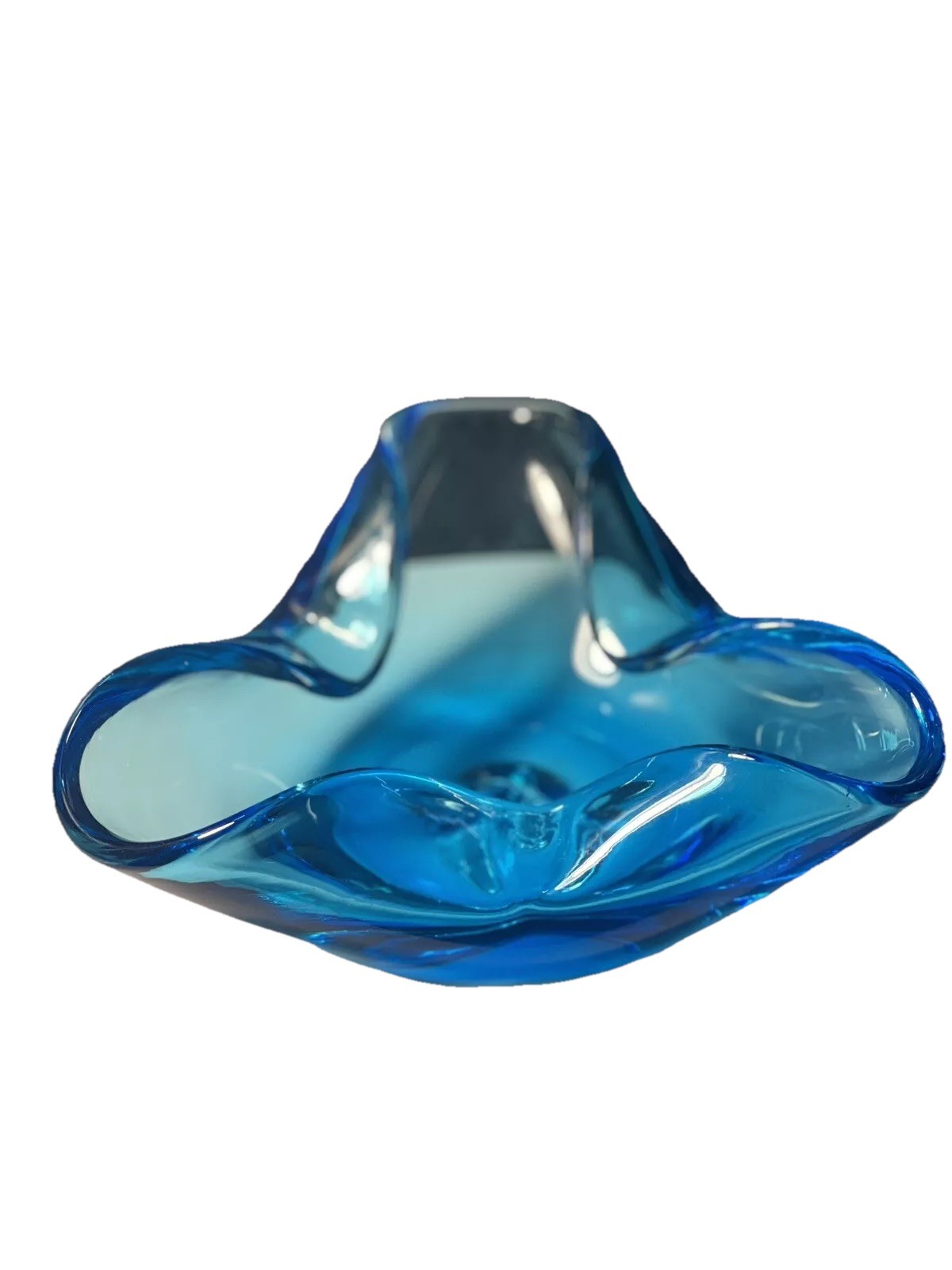 Vintage Blenko Style Blue Art Glass Ashtray MCM Freeform Lobed Clover Bowl #993