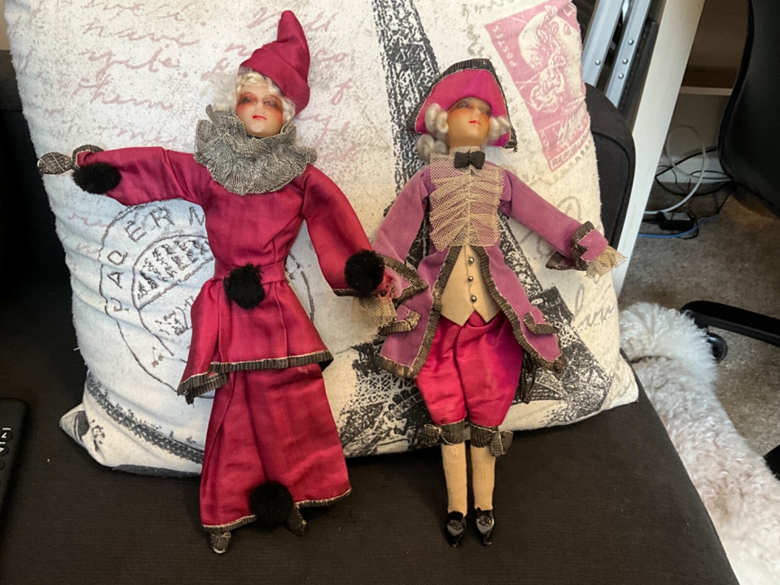 RARE Pair Of Antique Pierrot/Pierrette Wax Dolls- France- Unbelievable Outfits