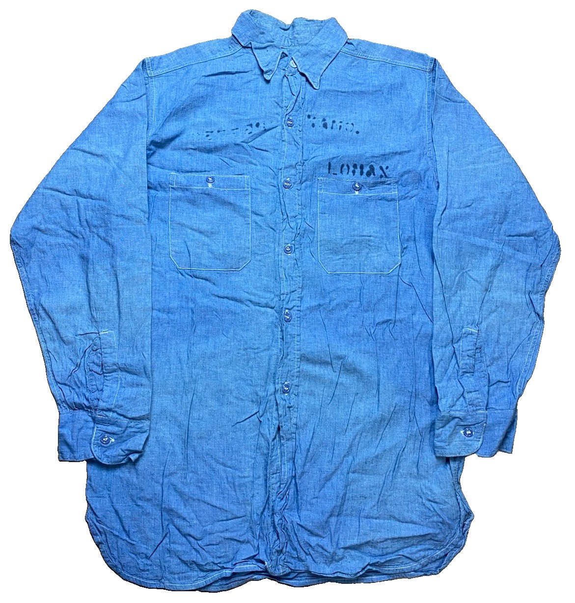 Vtg USN denim chambray Shirt L 40s Stencil named US Navy 