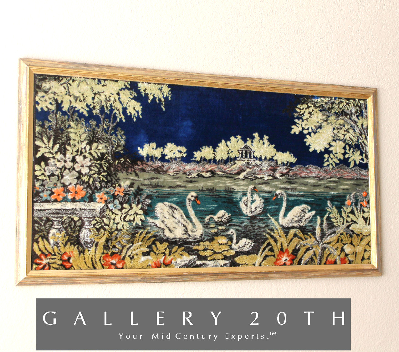 LOVELY PASTORAL LANDSCAPE TAPESTRY SWAN VTG 50'S MID CENTURY WALL ART PAINTING