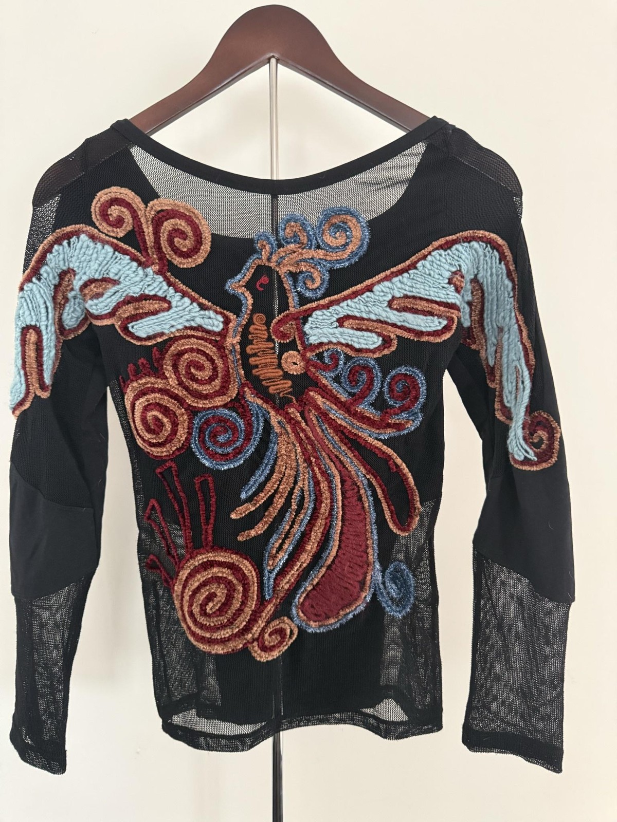 Save The Queen Top Womens S Black Mesh Phoenix Embroidered Boho Long Sleeve