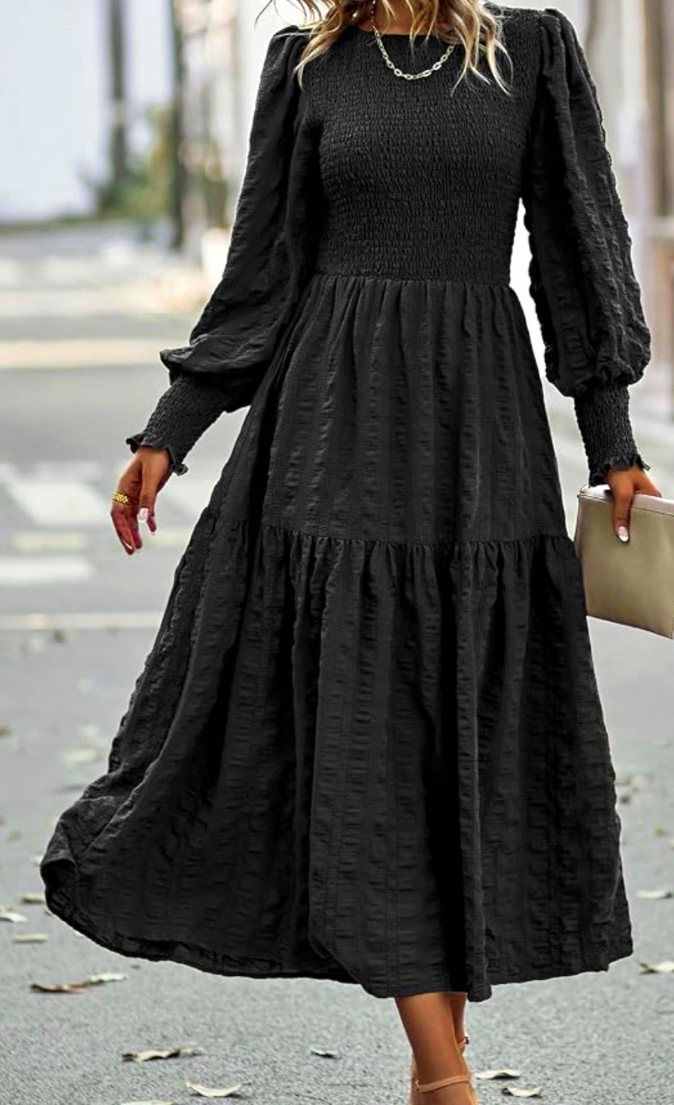 Womens S Black Solid Round Neck Puff Long Sleeve Smocked Tiered Midi Dress Womens S Black Solid Round Neck Puff Long Sleeve Smocked Tiered Midi Dress