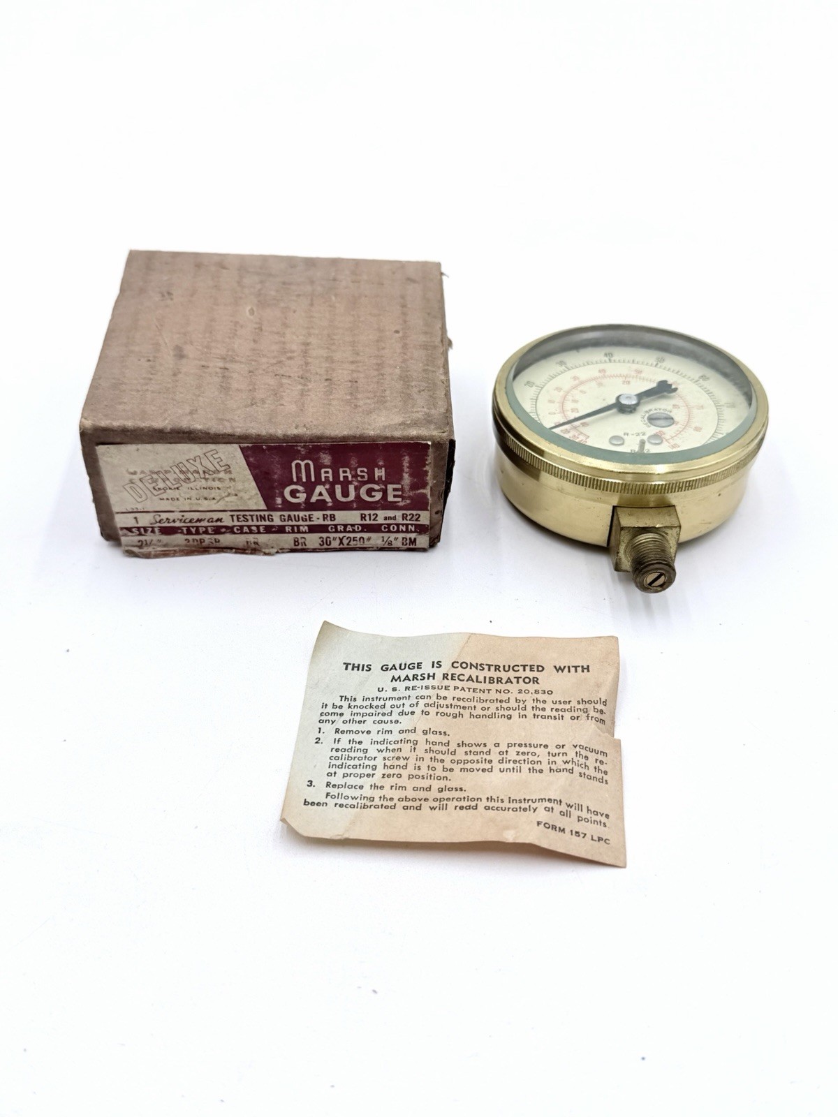 VTG Jas Marsh Serviceman Testing Gauge Brass 30”x250 Recalibrator R-12 R-22 NOS VTG Jas Marsh Serviceman Testing Gauge Brass 30”x250 Recalibrator R-12 R-22 NOS