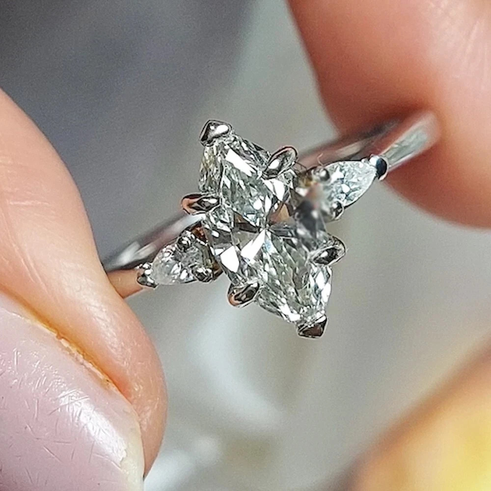 3.7Ctw Marquise Cut Moissanite Three Stone Engagement Ring 14K White Gold Plated