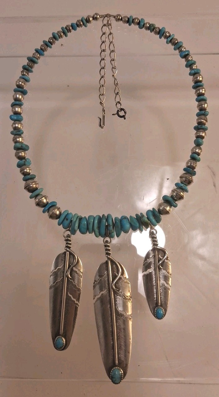 Vtg  Linda Johnson Navajo Sterling Silver Feathers Beads &Turquoise Read Look