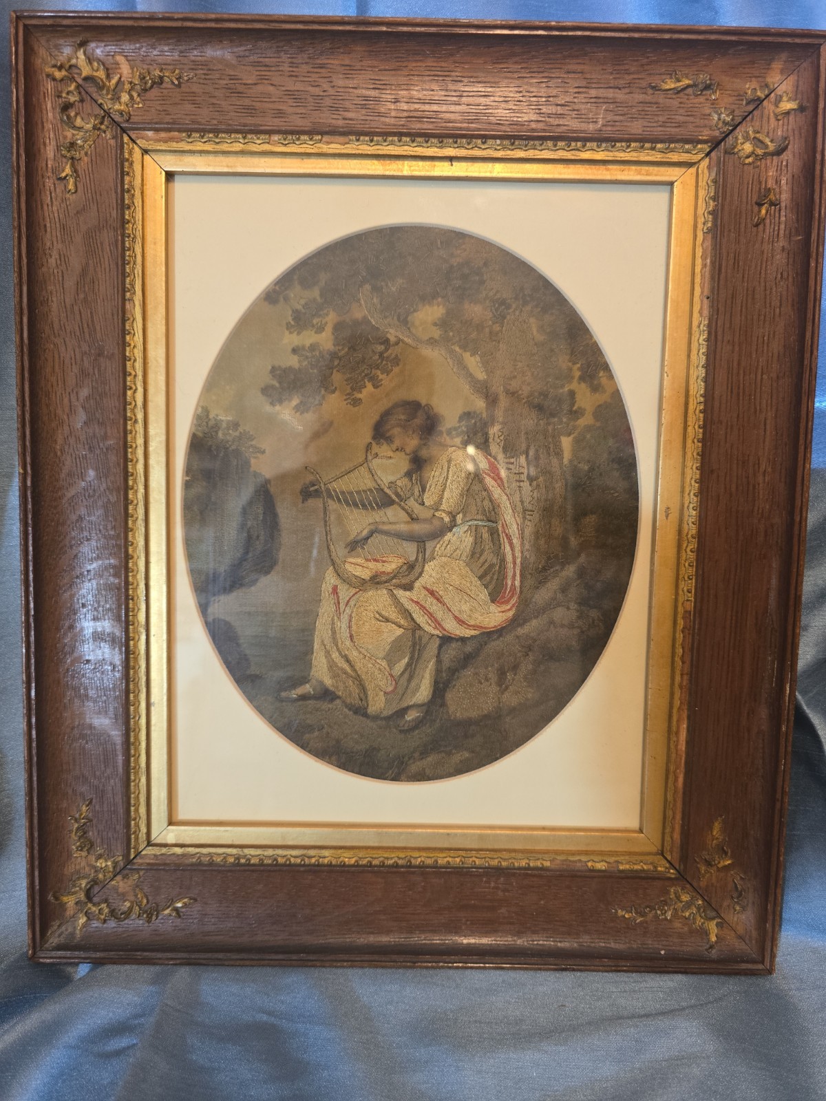 Late 18th Early 19th Cent Georgian Greek Muse W/ Lyre Silkwork Framed Art Damage