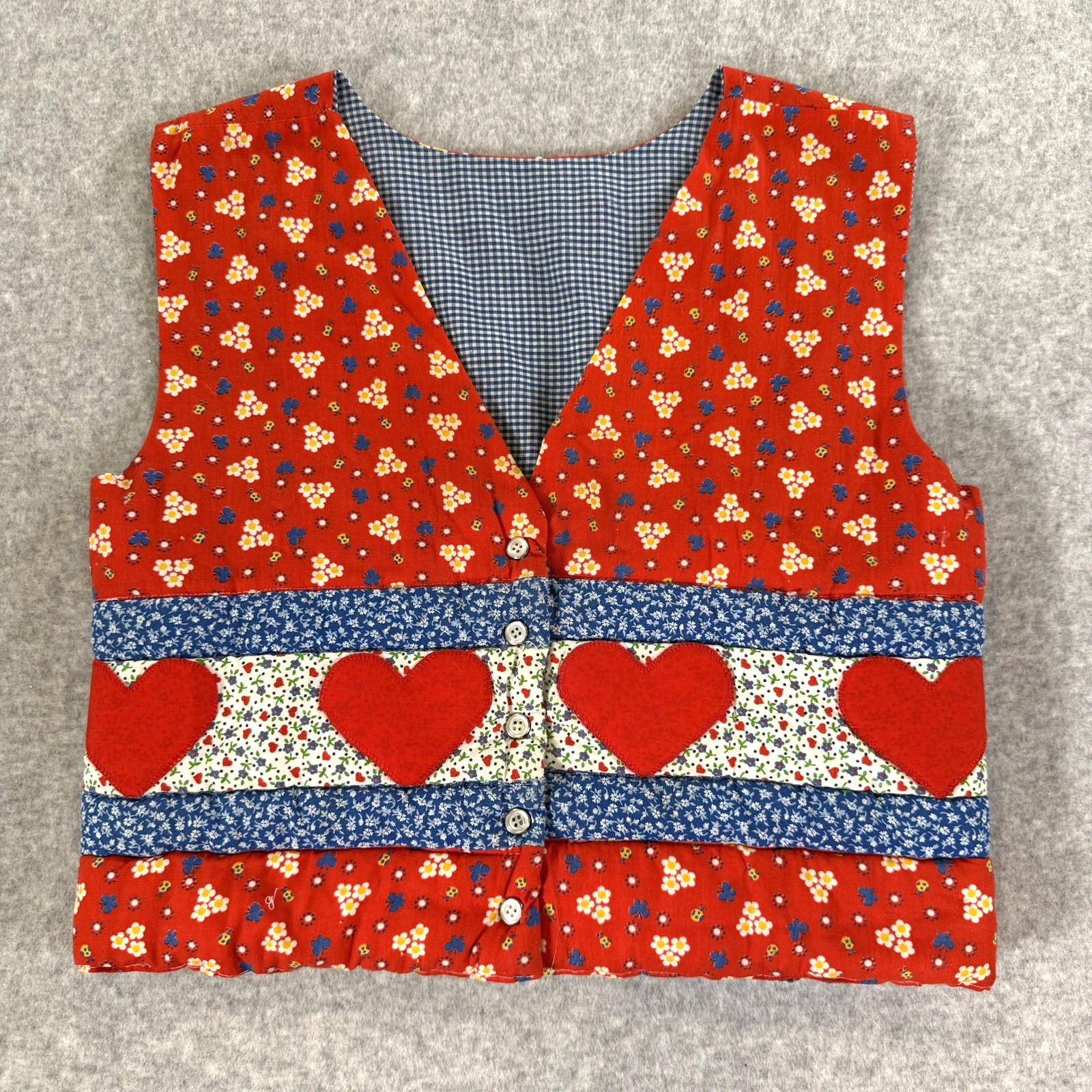 VTG Handmade Reversible Quilted Vest Hearts Gingham Patchwork Cottage Folk XS