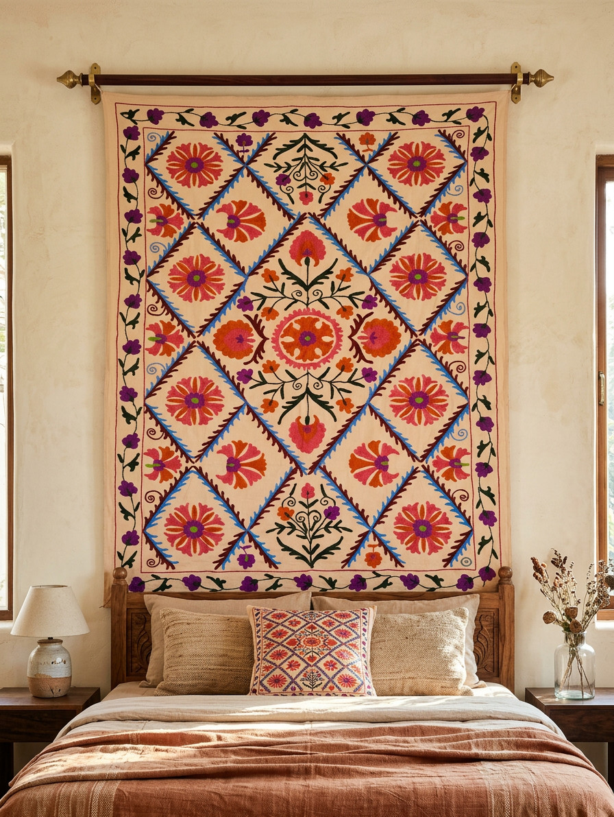 Handmade Suzani Embroidered Wall Hanging Floral Tapestry Boho Cotton Textile Dec