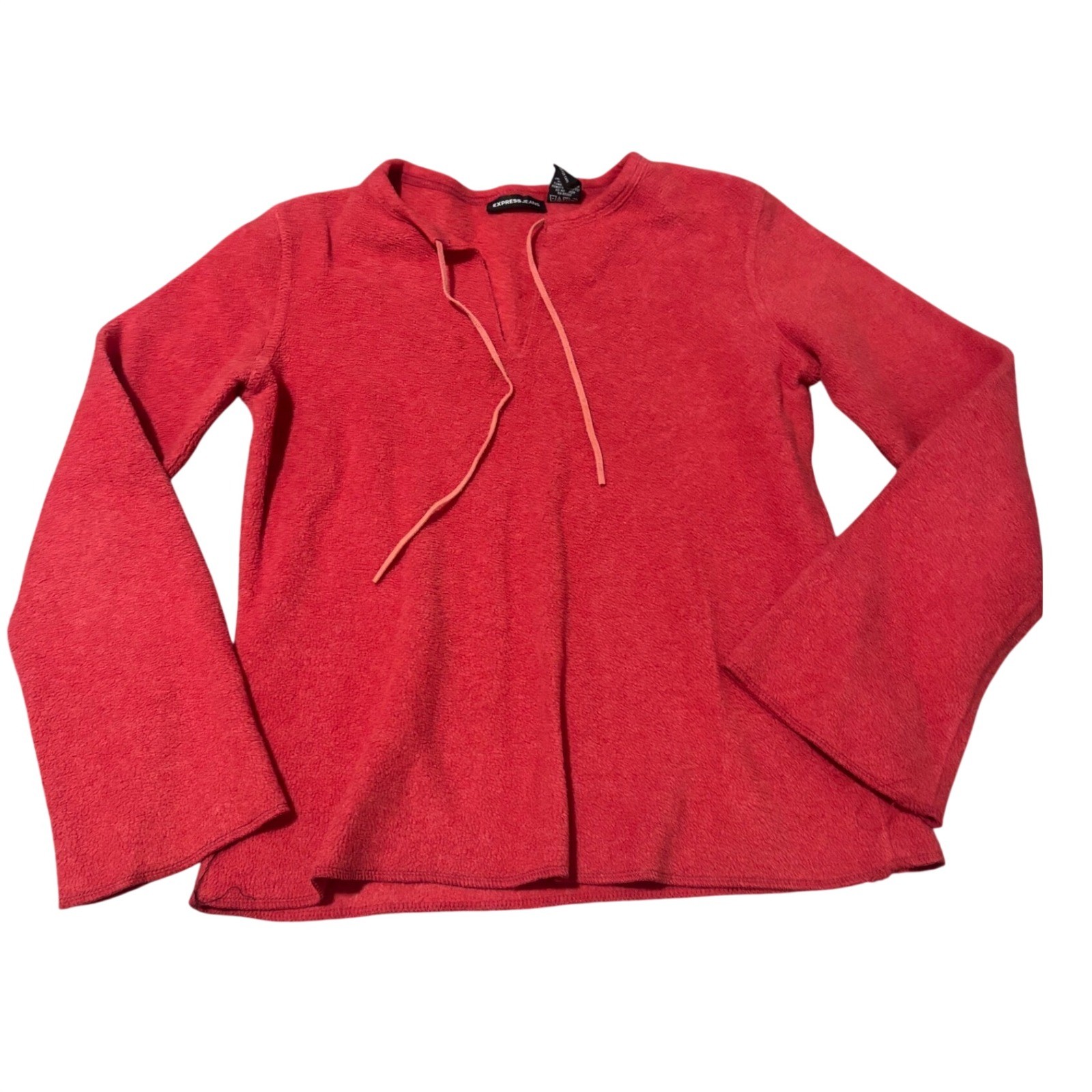 Express Jeans Womens Medium Red Fleece Tie Neck Pullover Y2K Preppy Cozy Vintage Express Jeans Womens Medium Red Fleece Tie Neck Pullover Y2K Preppy Cozy Vintage