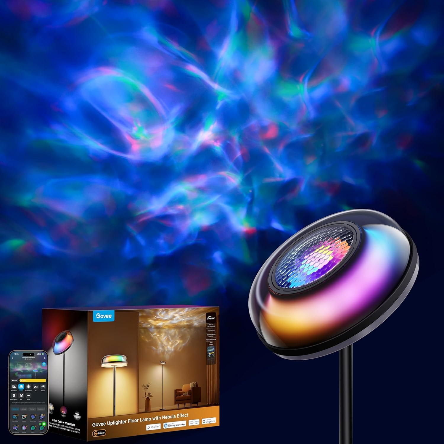 Govee Uplighter Floor Lamp with Nebula Effect, Projector for Living Room