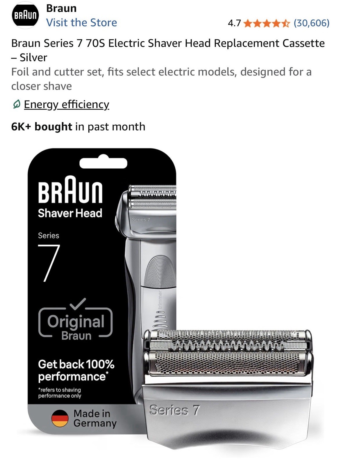 Braun Series 7 70S Electric Shaver Head Replacement Cassette – Silver