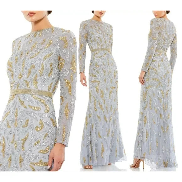 Mac Duggal Platinum Silver Gold Paisley Beaded Long Sleeve Gown Size 10 $598 Mac Duggal Platinum Silver Gold Paisley Beaded Long Sleeve Gown Size 10 $598
