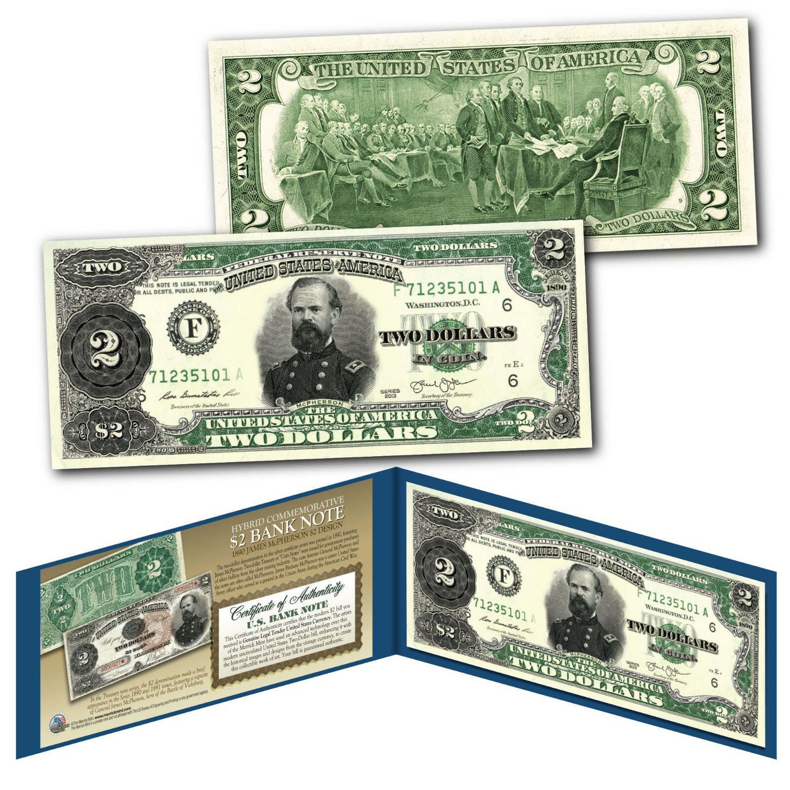 1890 James McPherson Civil War Treasury Two-Dollar Banknote design on modern $2