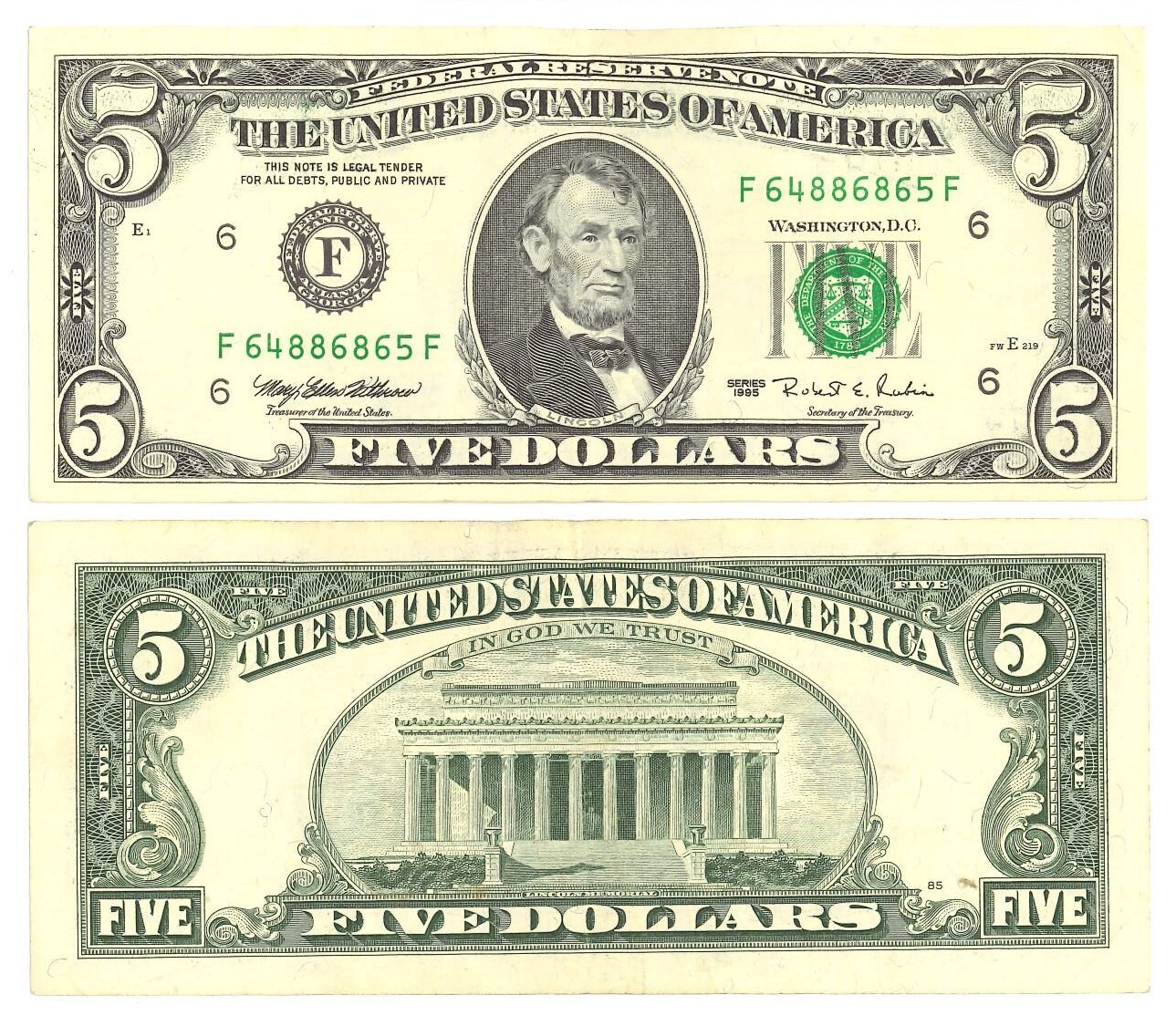 1995 Series $5 Dollar Bill Banknote Old Design US Federal Reserve Note Vintage