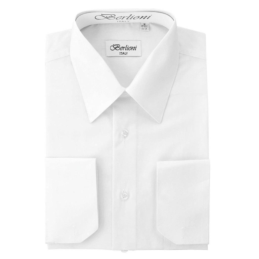 Berlioni Italy Men\'s Premium French Convertible Cuff Solid Dress Shirt White
