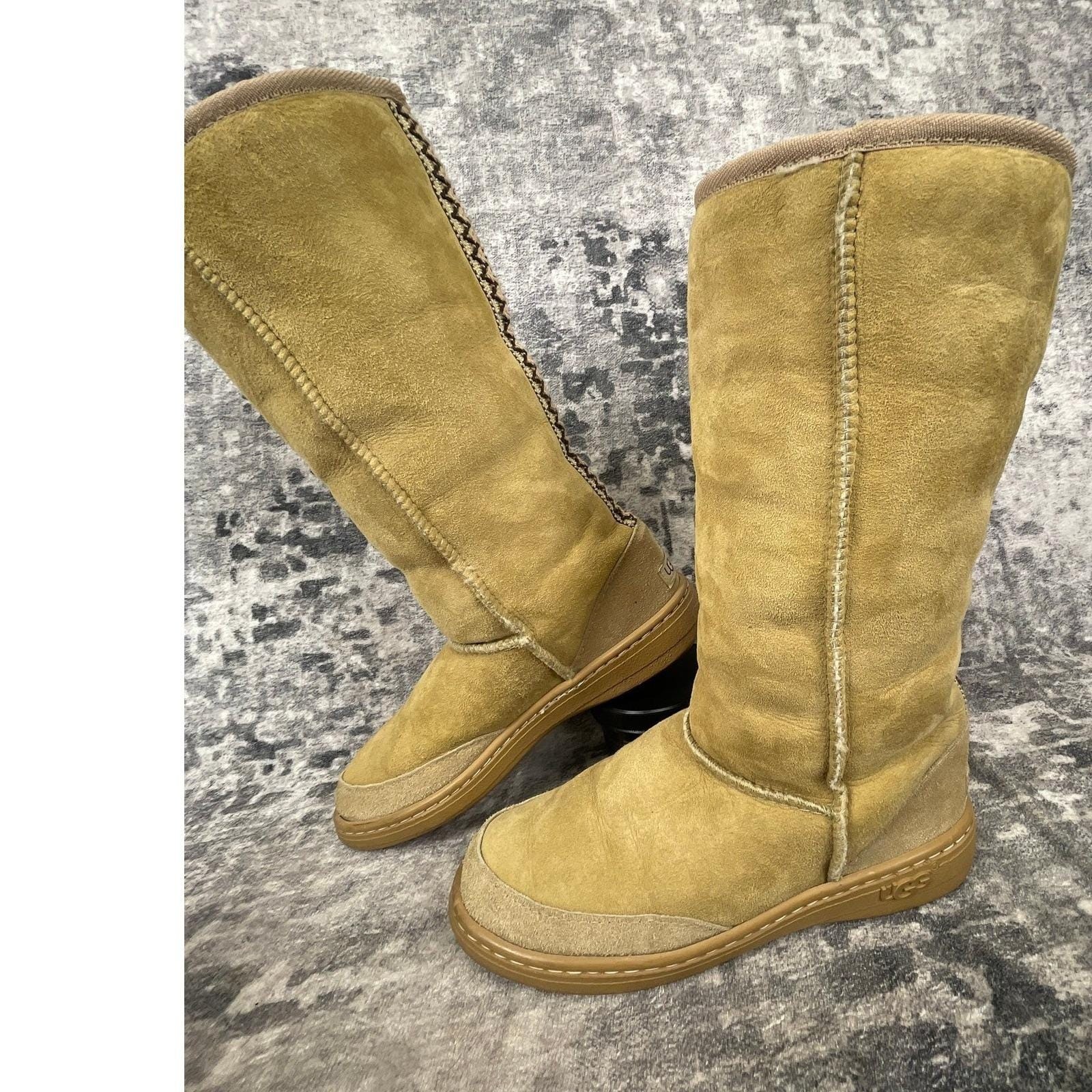 Vtg UGG Australia Womens 7 Mens 6 Ultimate Tall Boots Y2K Braid Trim Sand Cozy