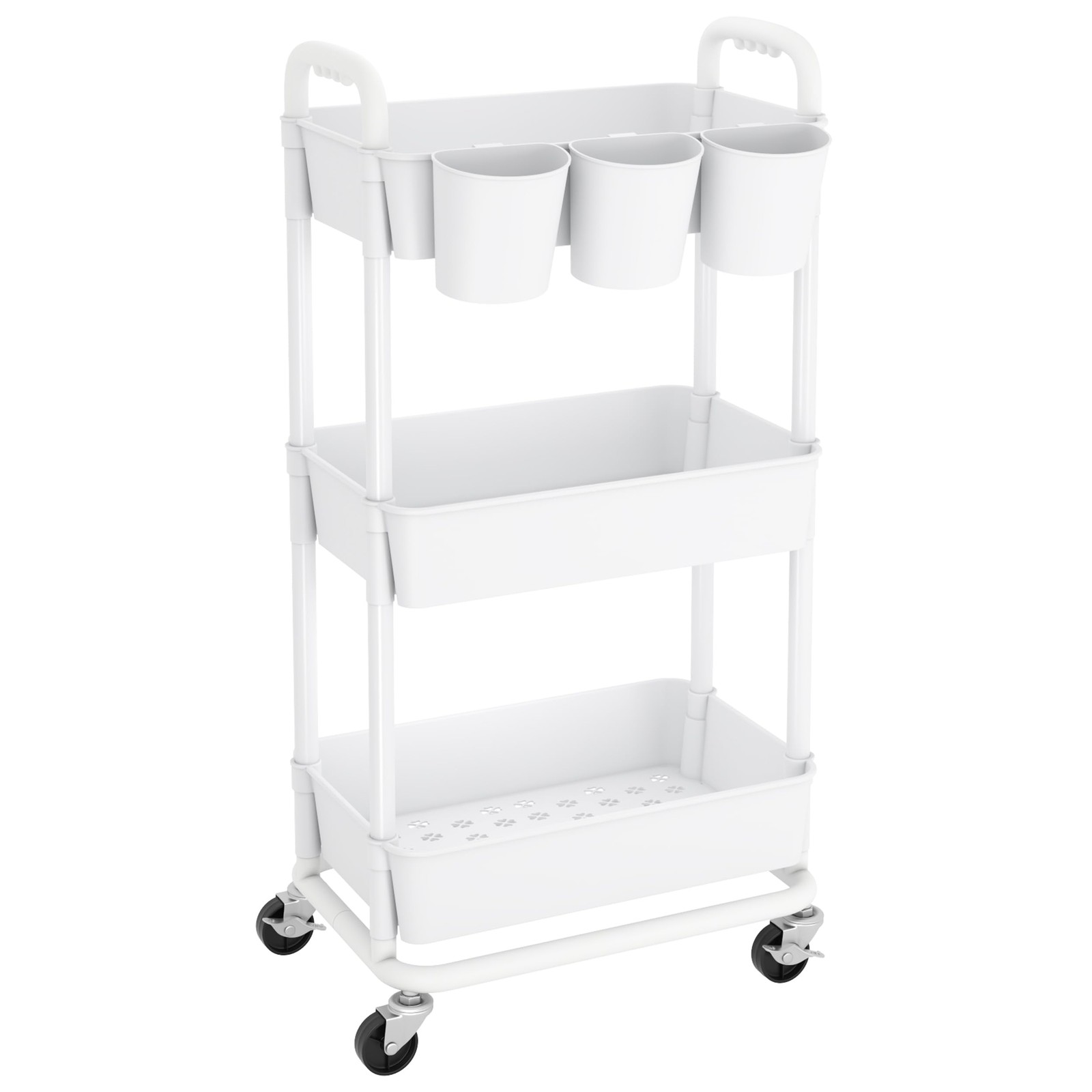 JIUYOTREE 3-Tier Plastic Rolling Storage Cart Utility Cart with Extra Hanging Cu