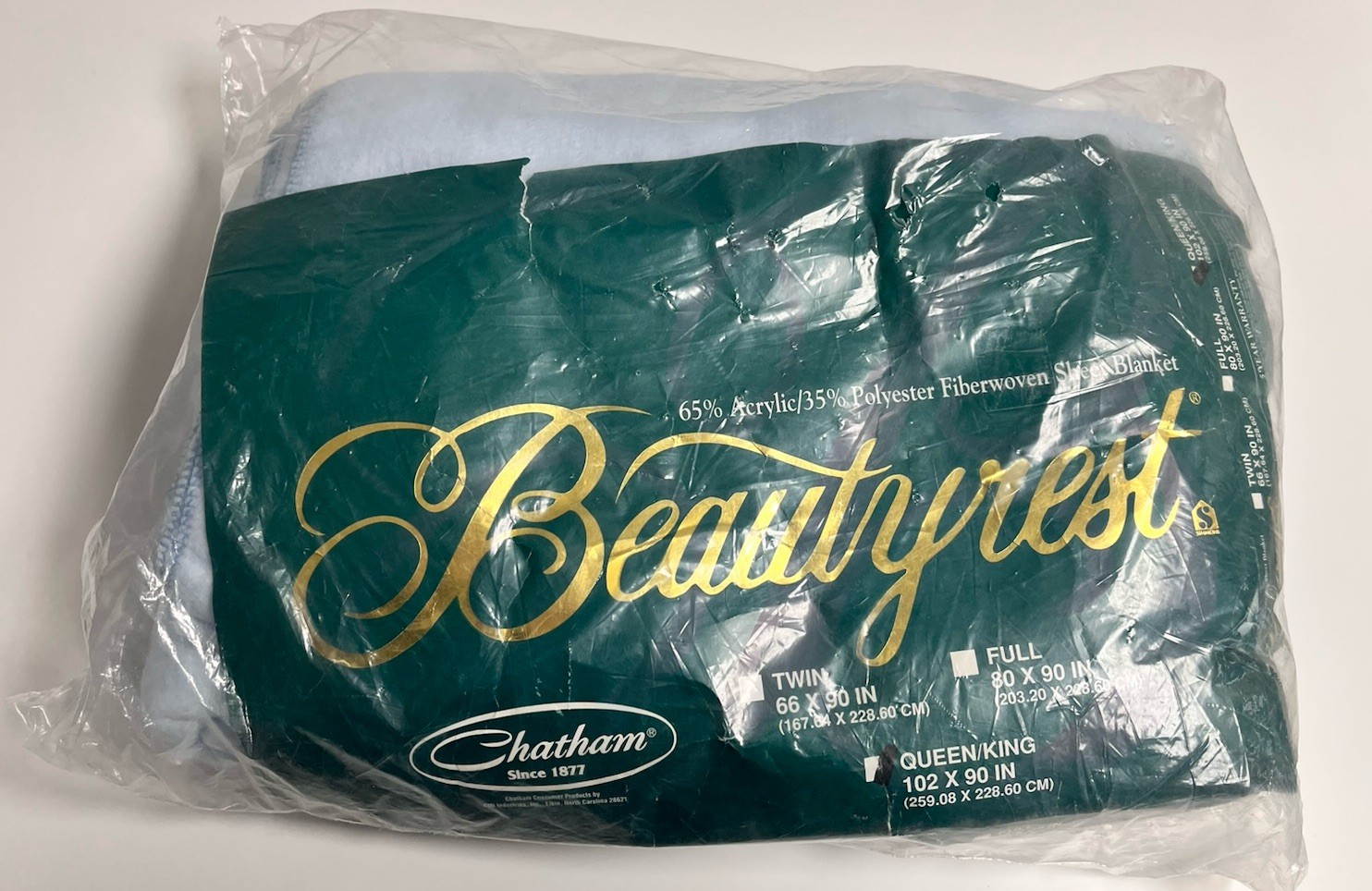 Vtg Chatham Beautyrest Baby Blue Blanket QUEEN 102x90 NEW Acrylic Poly Woven