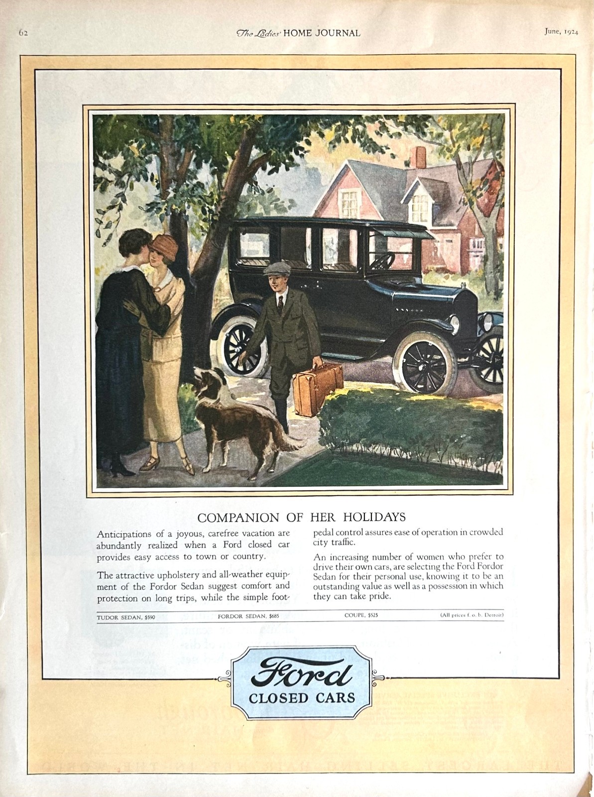 1924 Ad (10 1/4  X  13 3/4 inches) Ford 4-Door Sedan Companion Of Her Holidays