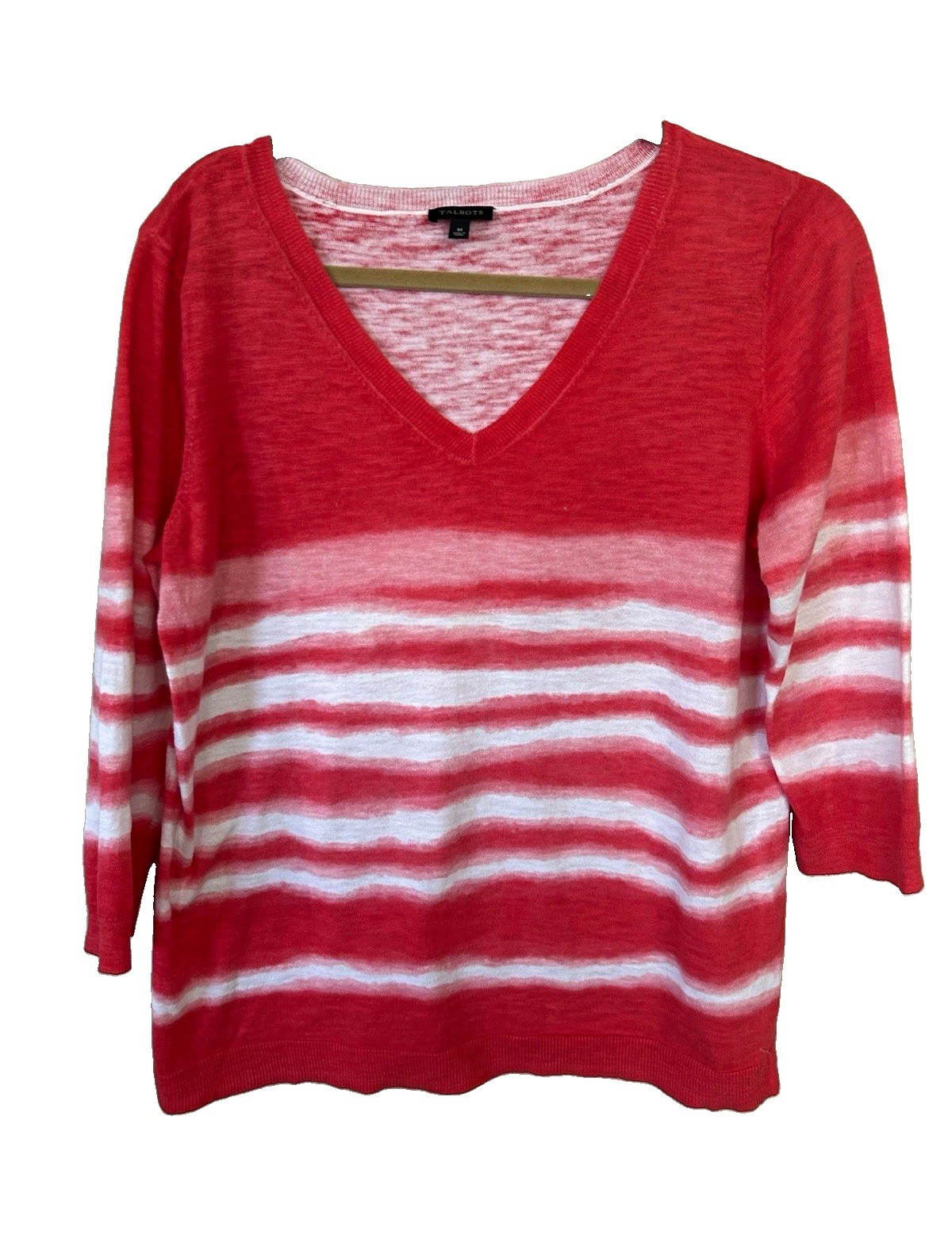 TALBOTS Deep Coral White V-Neck 3/4 Sleeve Sweater SZ M Runs Large