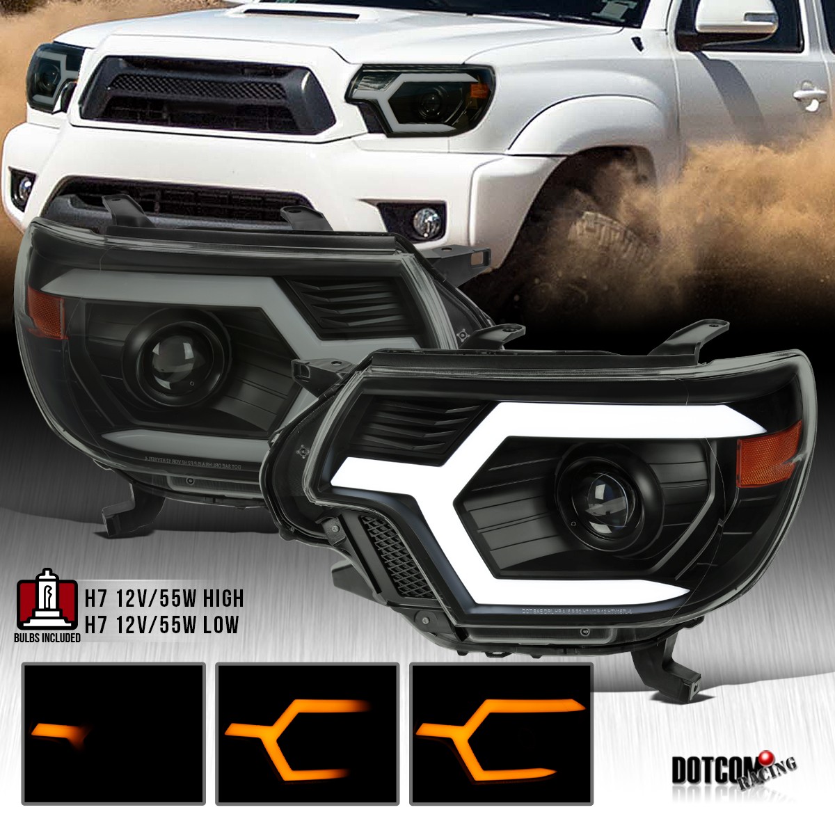 Fit 2012-2015 Toyota Tacoma Black Smoke Sequential LED Tube Projector Headlights Fit 2012-2015 Toyota Tacoma Black Smoke Sequential LED Tube Projector Headlights