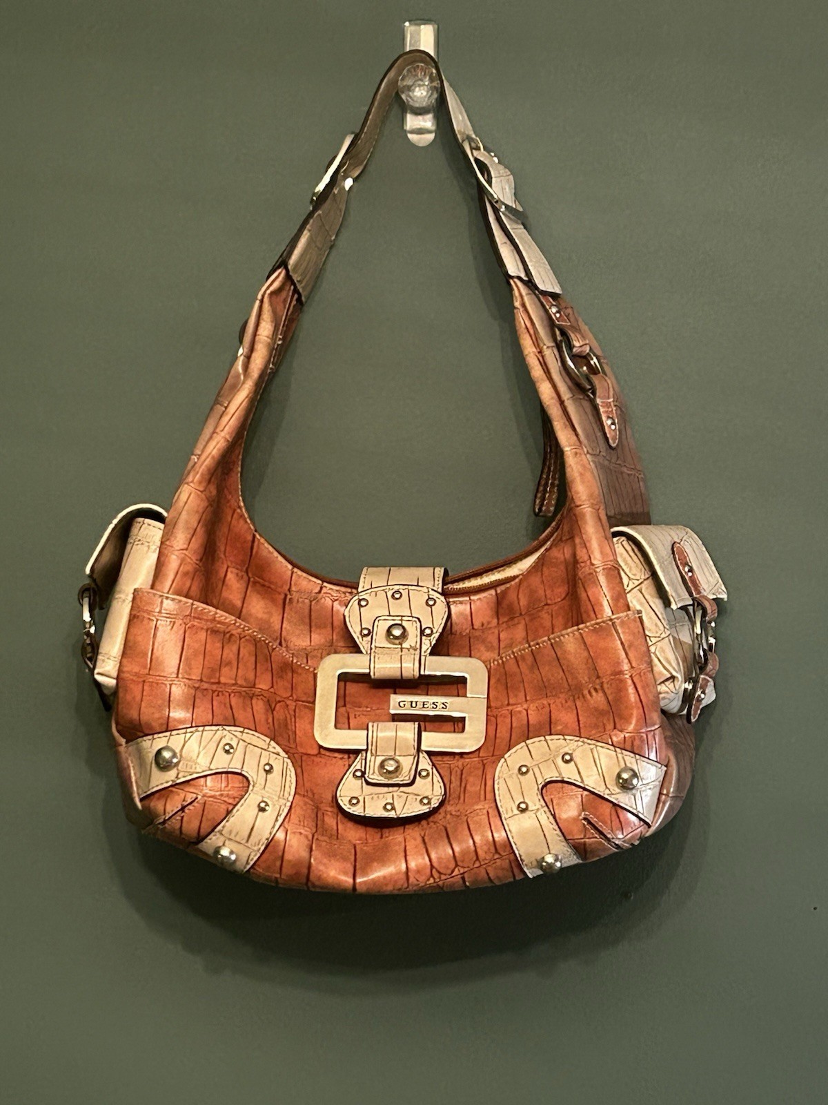 Vintage GUESS Y2K Shoulder Bag Brown Cream Croc Embossed Buckle Hobo Purse