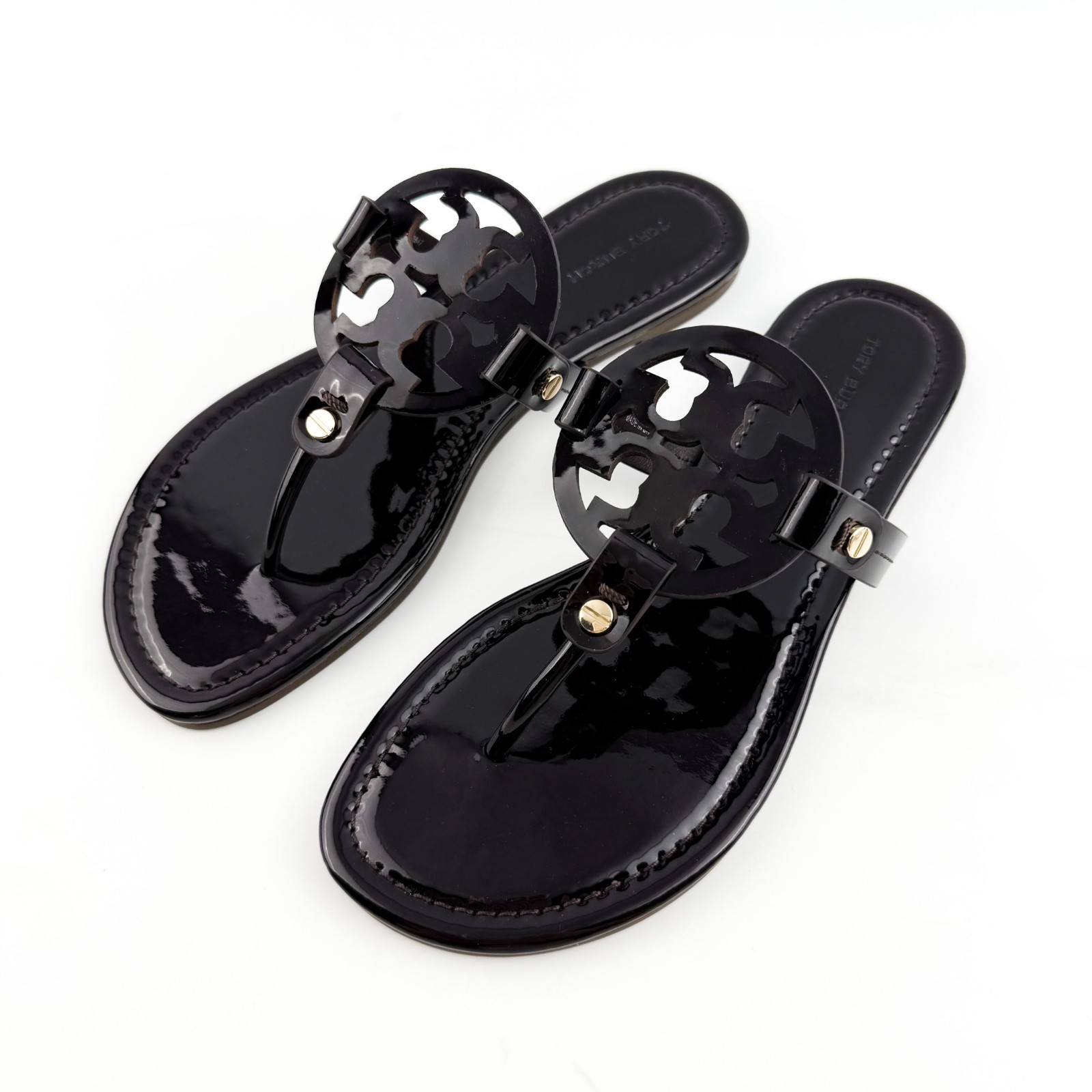 Tory Burch Miller Women\'s Leather Thong Sandals Coconut Logo Cutout Flat Flip Fl