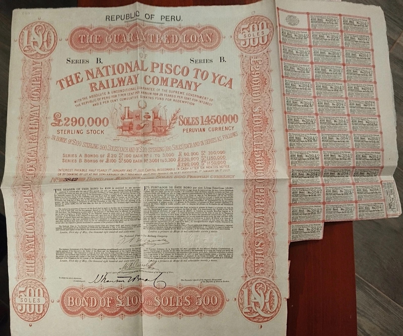 Peru 1869 Republic National Pisco To Yca Railway 100 Sterling Coupons Bond Loan