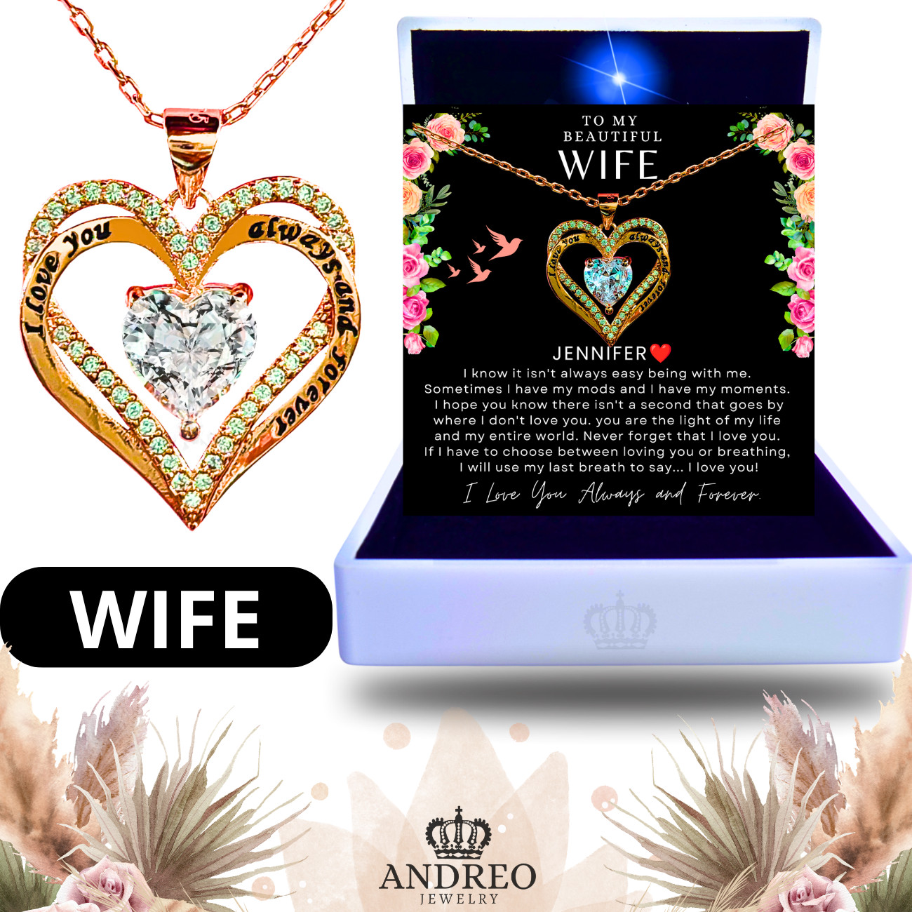 18k Wife CUSTOM Heart Necklace Gift From Husband Love Birthday Gifts ANDREO
