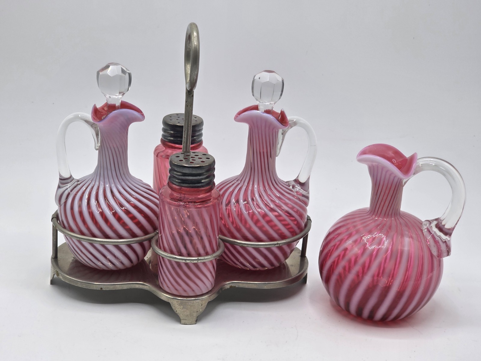 Vintage Fenton Cranberry Opalescent Spiral Optic Cruet Condiment Set Caddy 5pc