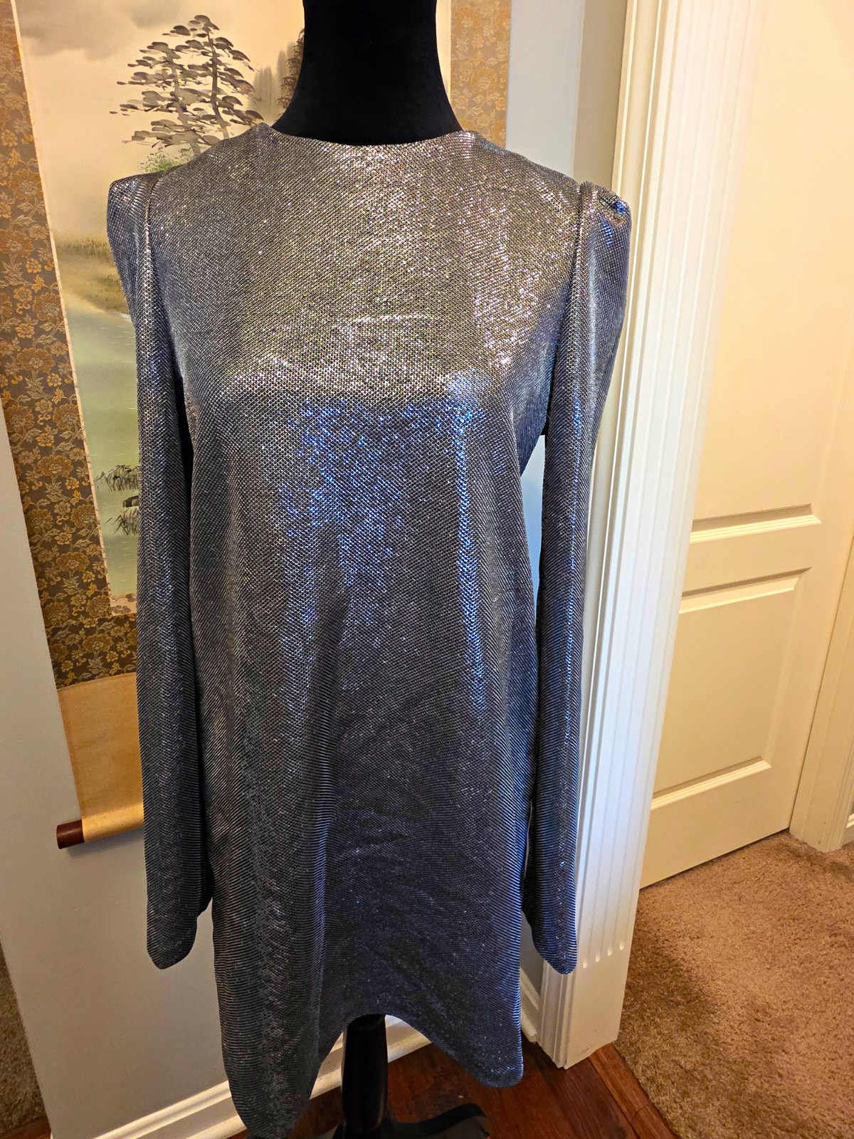 H&M Women\'s Silver Metallic Knit Shift Short Dress Keyhole Button Long 10 H&M Women\'s Silver Metallic Knit Shift Short Dress Keyhole Button Long 10