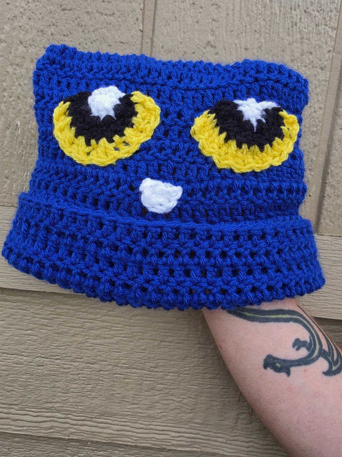 Handmade Crocheted Blue Cat Ear Beanie Hat With Yellow Eyes pete the cat hat