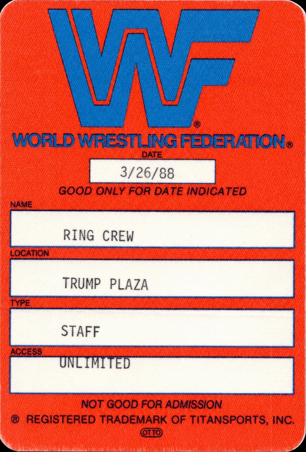 Original WWF WRESTLEMANIA IV 1988 Unlimited Access Employee Ring Crew Staff Pass