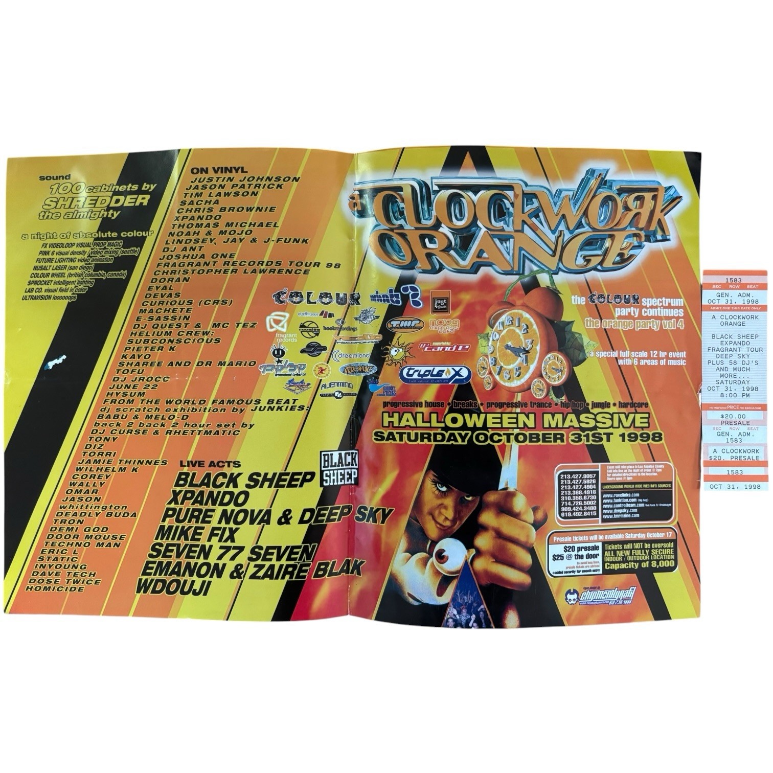 Rare 1998 Clockwork Orange Rave Flyer & Ticket Stub Halloween Massive Vintage