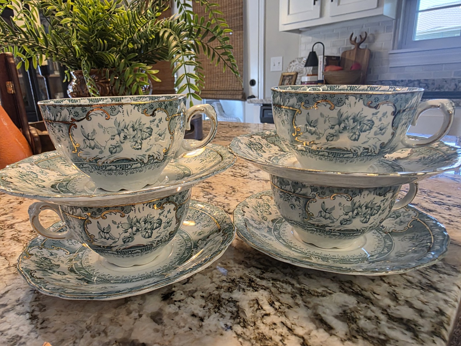 4 Antique Wedgwood & Co Phoebe Tea Cups & Saucers c1900 Blue Green Gold Trim 